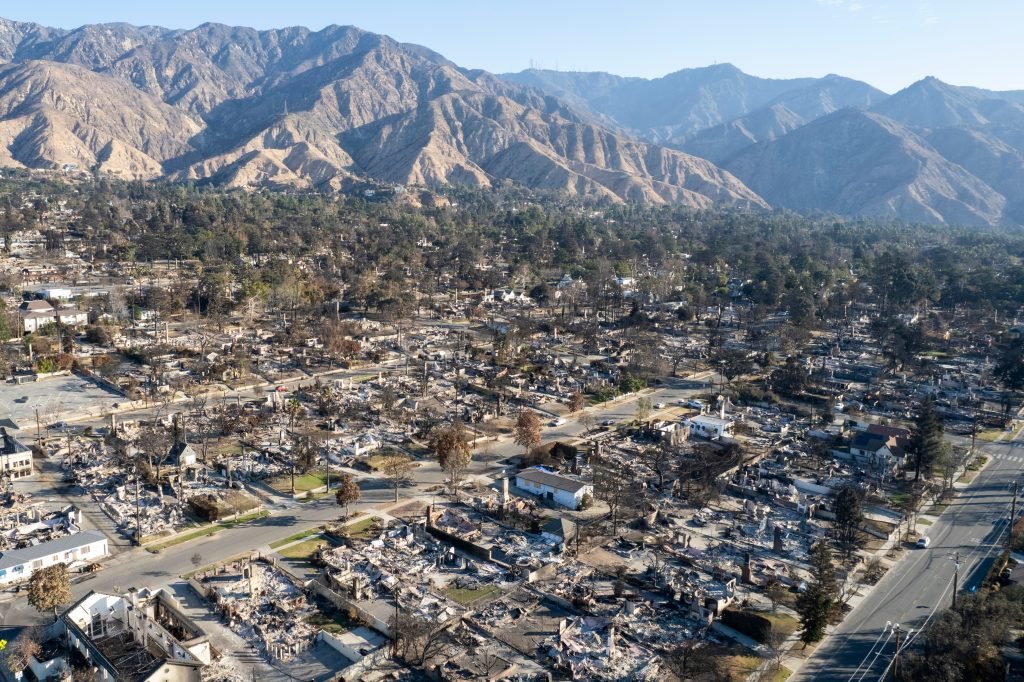 A drone captures structures damaged by the Eaton Fire in Altadena, California, on January 25, 2025.